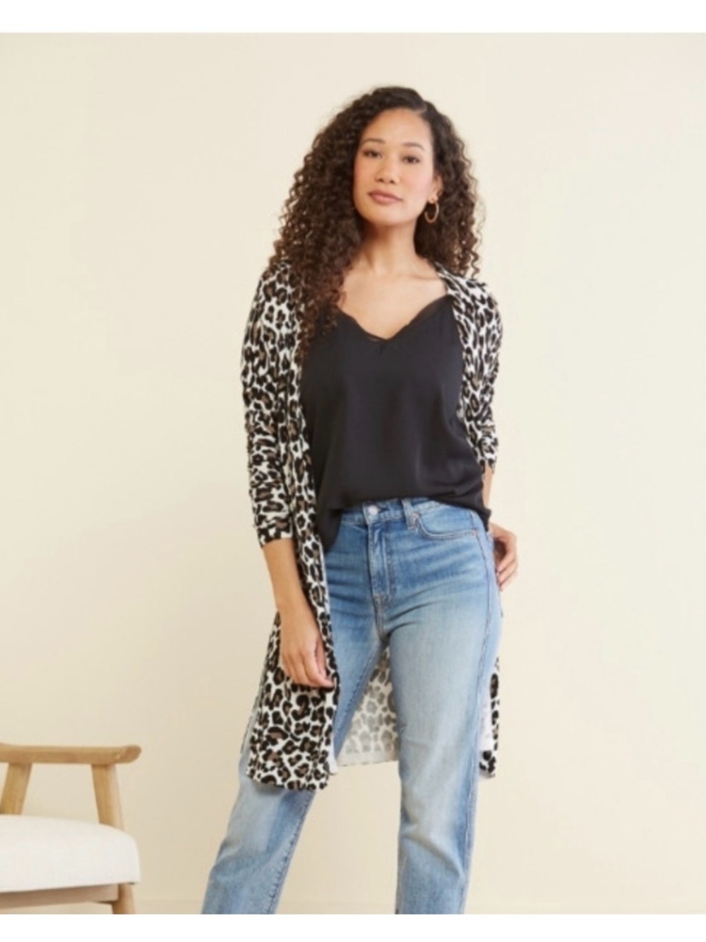 Allison Joy Leopard Print Open-Front Long Cardigan - Black and White